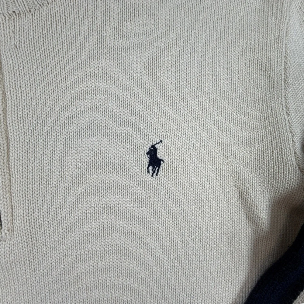 VTG Polo Ralph Lauren Navy Stripe Quarter Zip Pullover Mens Large Cream Sweater